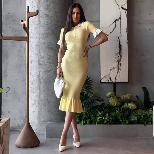 Ruffled Classic Dress Summer Hepburn Tight Fishtail Short Sleeve Slimming Knitted Dress Women