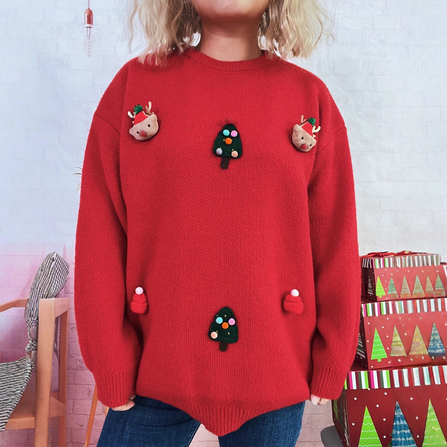 Women Sweater Christmas Stitching Cartoon Knitted Top Crew Neck Casual Autumn Winter