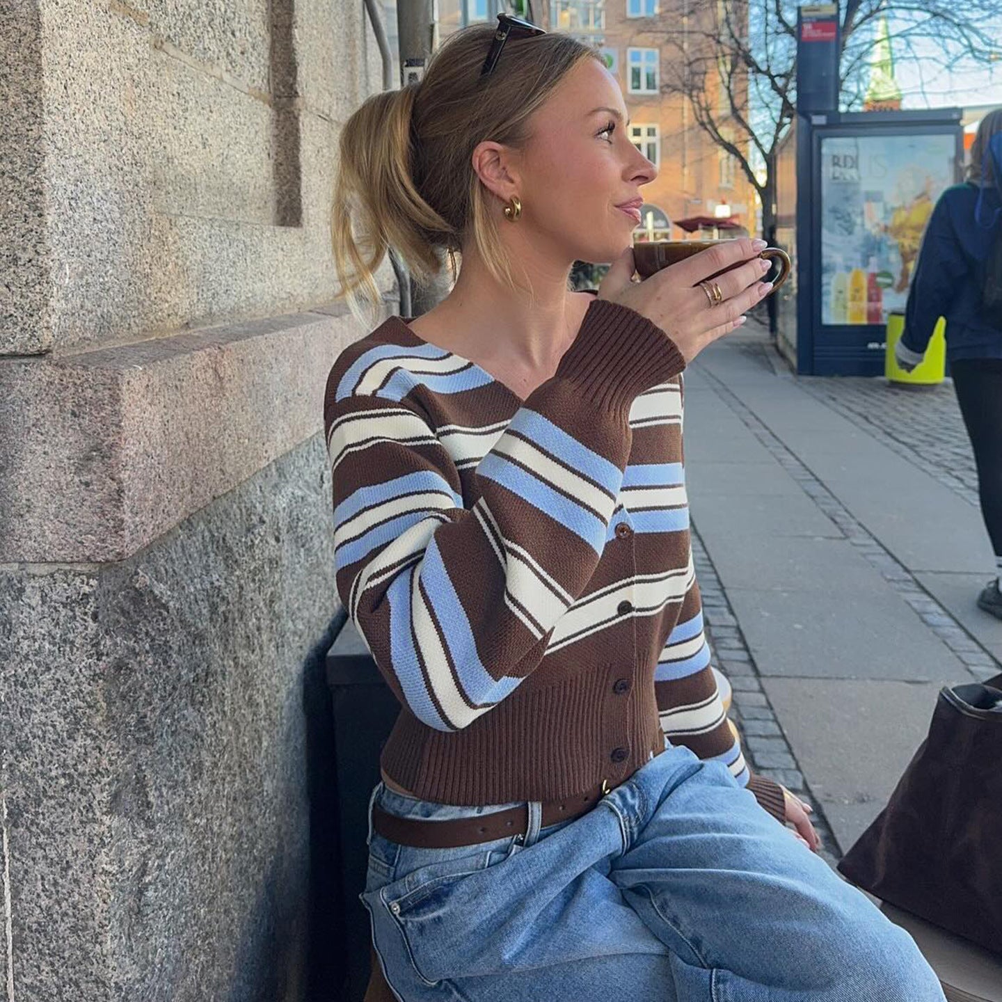 Special V neck Striped Waist Tight Cardigan Woolen Top Sexy Short All Match Slimming Sweater