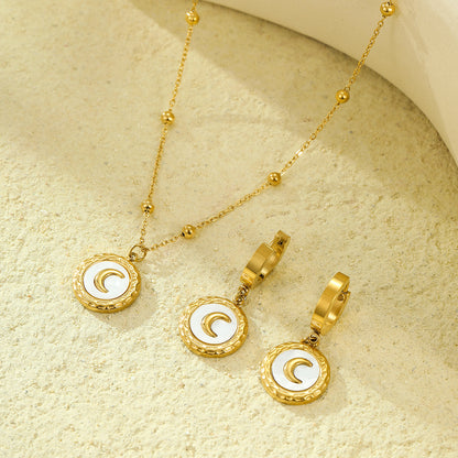 18K Stainless Steel Shell Moon Necklace Niche Retro Easy Matching Embellished Titanium Steel Necklace Earrings