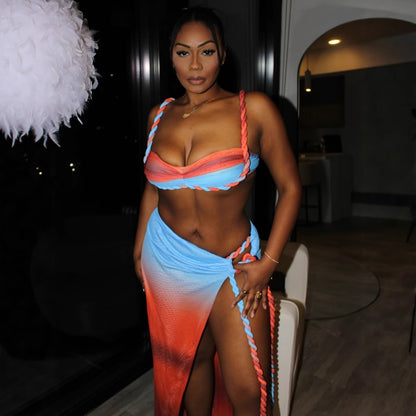 Summer Sexy Beach Vacation Swimsuit Woven Halter Top Top Split Skirt Set