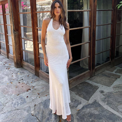 Mesh Beach Lining Halter Holiday Sexy Dress Knitted Hollow Out Cutout Out Maxi Dress Summer Women