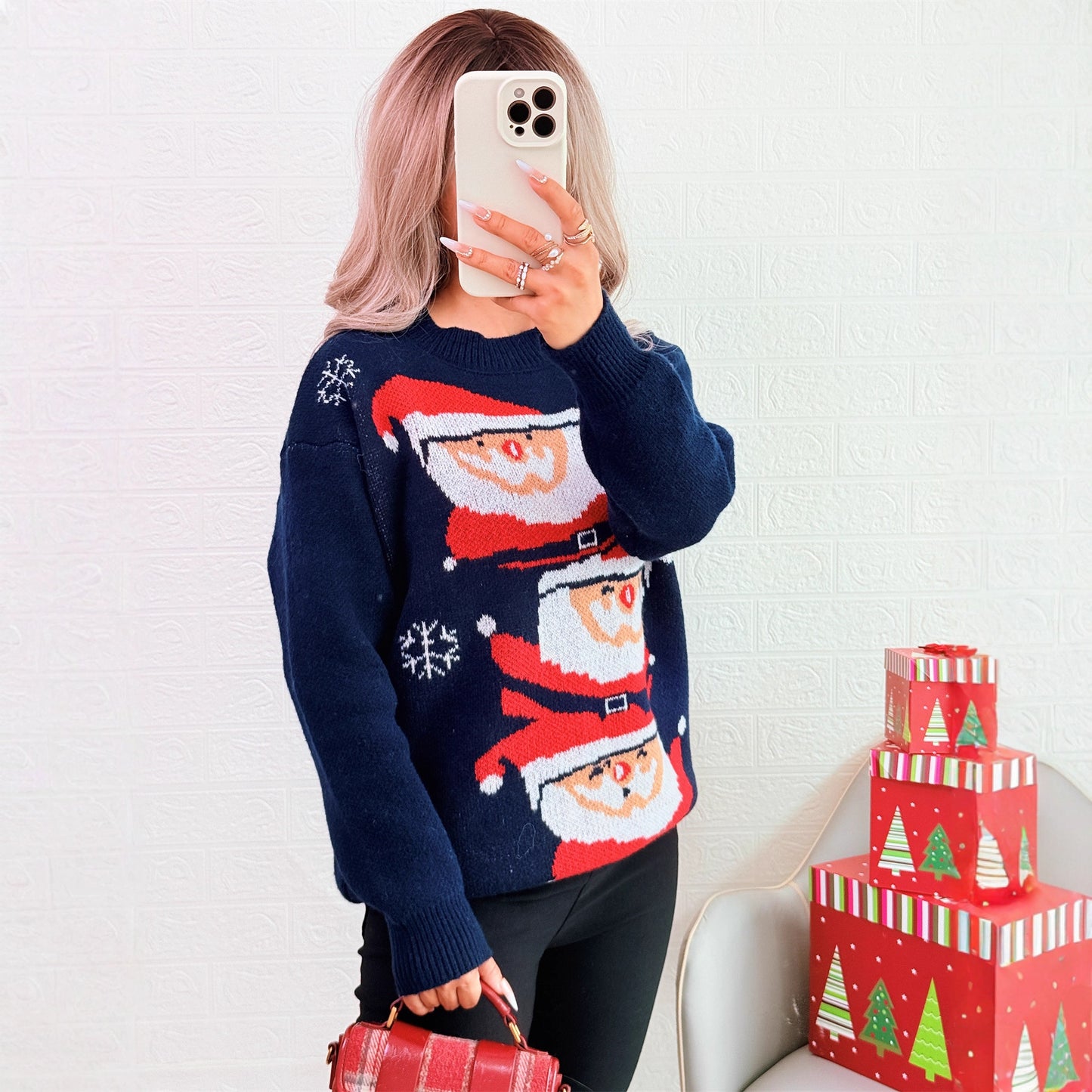 Autumn Winter Christmas Contrast Color Casual Knitted Pullover round Neck Santa Claus Sweater for Women