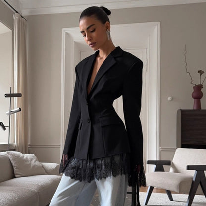 Black Autumn Winter Lace Stitching Office Women Long Sleeve Blazer