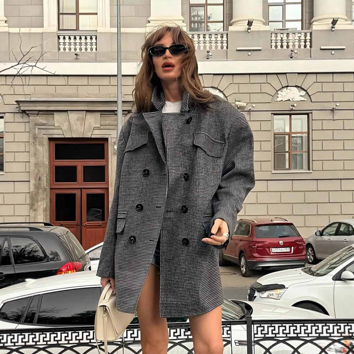 Houndstooth Woolen Coat Autumn Winter Mid Length Double Breasted Coat Women British Woolen Jacket