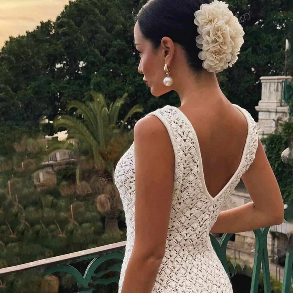 Summer Dress Sexy Sleeveless Hollow Out Cutout Knitted Beach Dress Backless High Grade Women