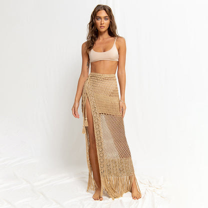 Summer Beach Skirt Women Solid Color Sexy Knitted Hollow Out Cutout Beach Bikini Outer Tassel Skirt Crochet hook