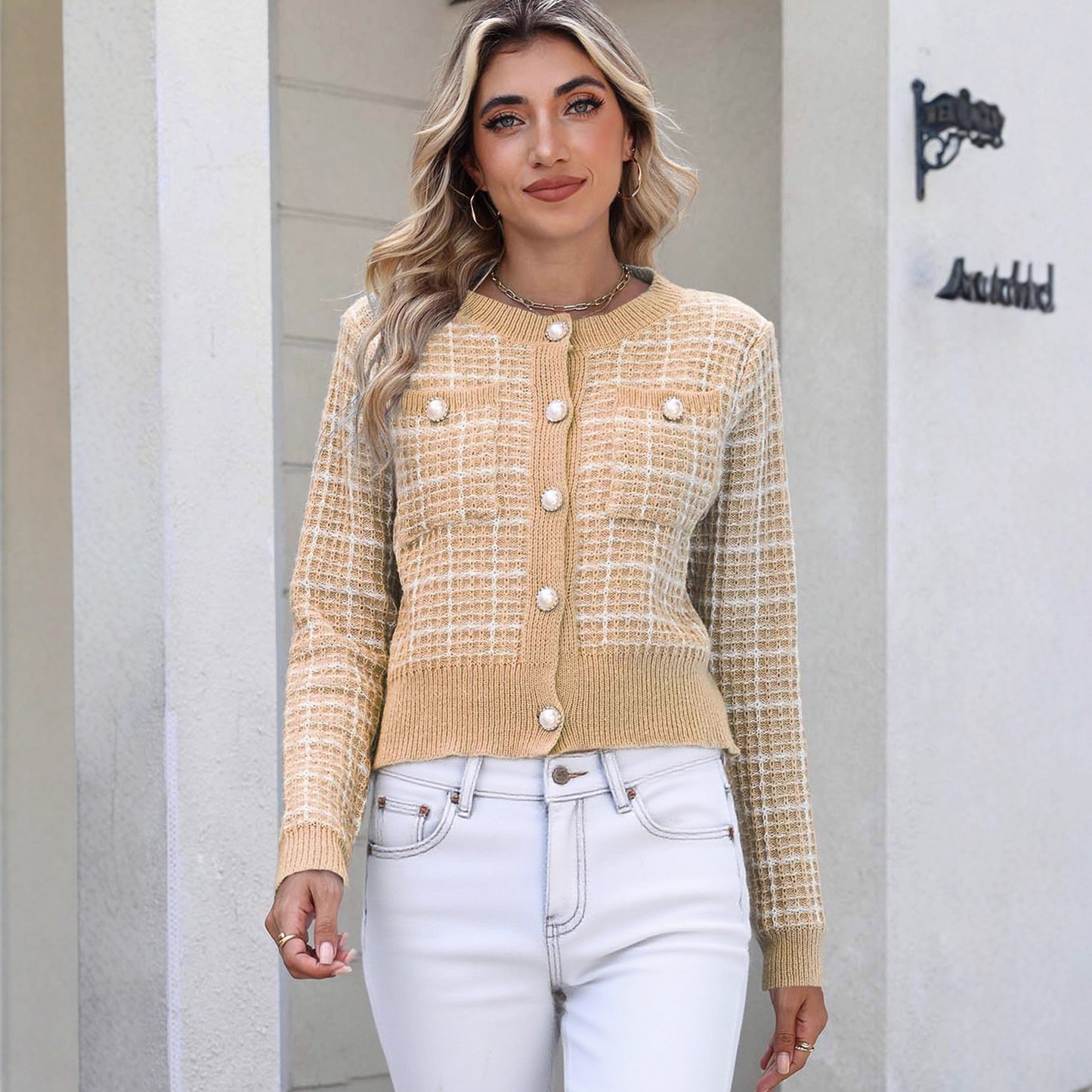 Women Clothing Plaid Knitted Cardigan for Women Classic Coat Pearl Buckle Sweater Women