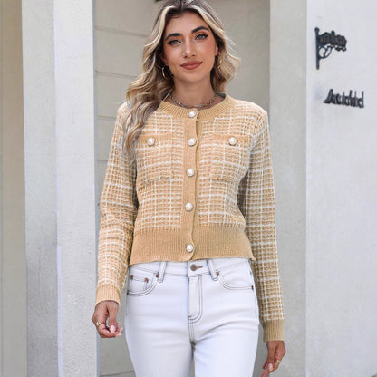 Women Clothing Plaid Knitted Cardigan for Women Classic Coat Pearl Buckle Sweater Women