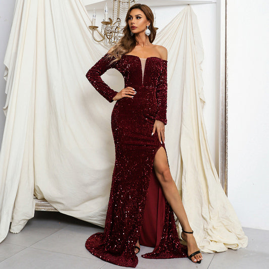 Sexy Evening Dress Women Clothing Party Cocktail off Neck Sequ Dress Sexy