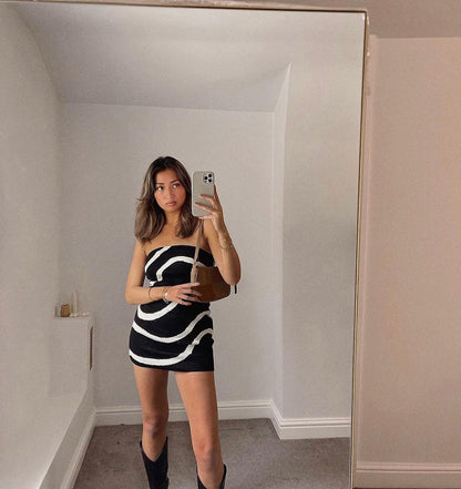 Sexy Wave Striped Tube Top Tight Beach Bohemian Casual Slimming Knitted Hip Dress