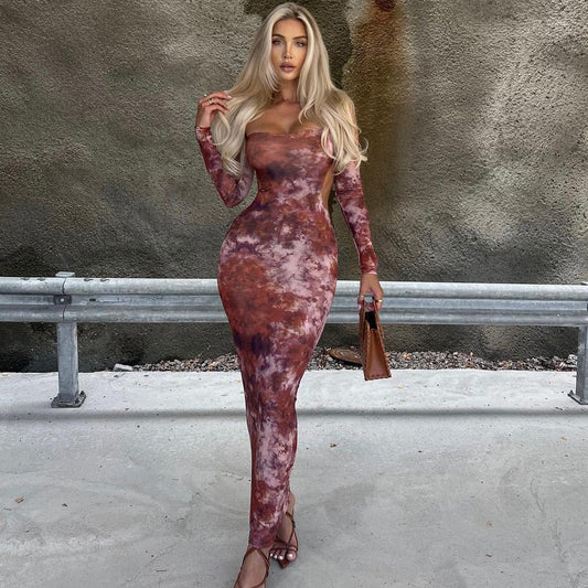 Autumn Sexy off Neck Tube Top Backless Print Slim Dress