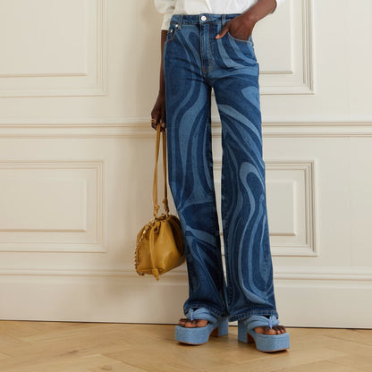 Autumn Casual Water Ripple Printing Straight Leg Denim Trousers