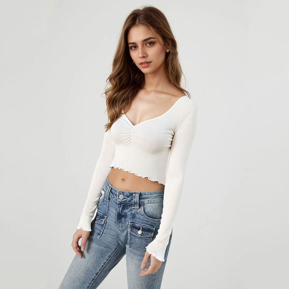 Cropped Long Sleeve Bottoming Shirt Slim T shirt Square Collar Sexy Women Clothing Top