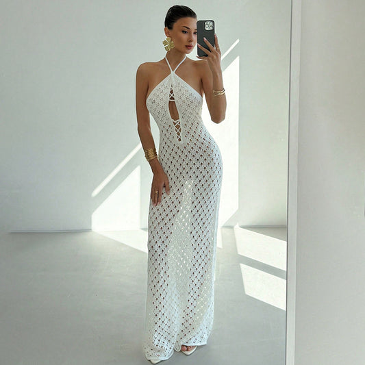 Summer Sexy Cutout Knitted Beach Skirt Bikini Swimsuit Solid Color Dress Women