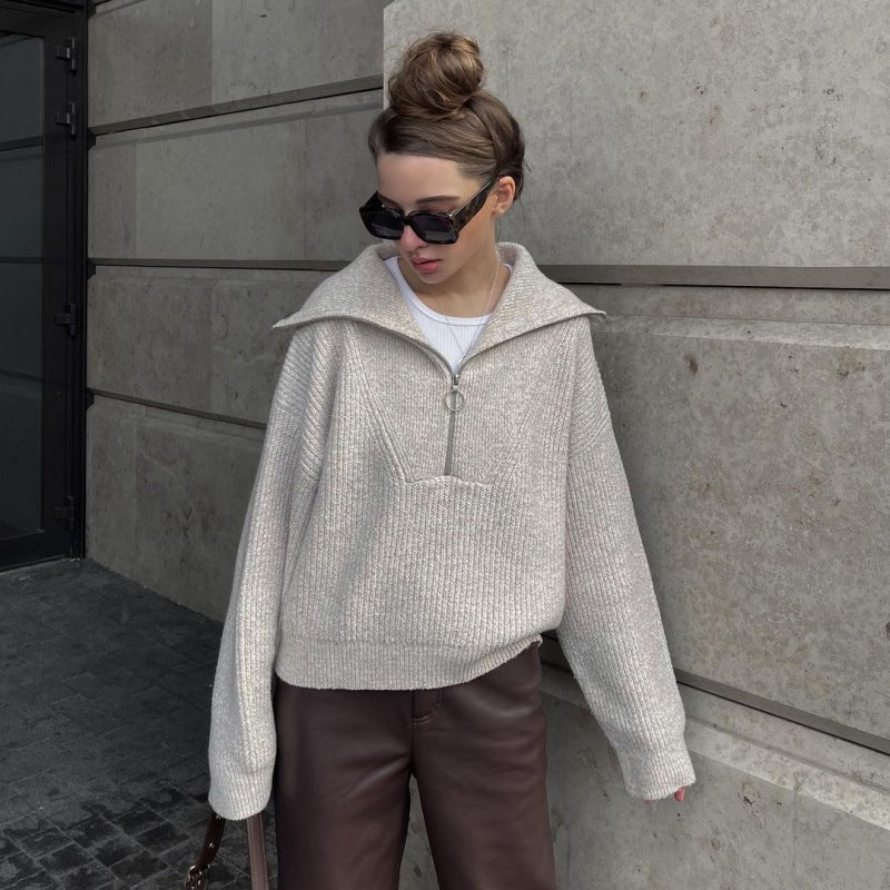 Retro Long Sleeved Top Loose Design Turn V-neck Pullover Women Sweater