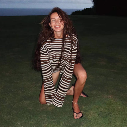 Backless Hollow Out Cutout Striped Long Sleeve Knitted Wool Wool Straight Beach Bohemian Casual Dress