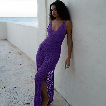 Women Sling Backless Knitted Dress Beach Seaside V neck Sexy Tight Split Spring Summer Dress