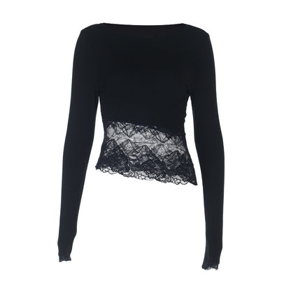 Pure round Neck Lace Stitching Long Sleeve T shirt Women Autumn Inner Wear Bottoming Shirt Spicy