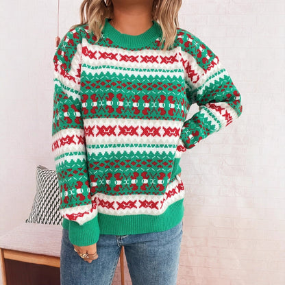 Autumn Winter Cute Pattern Christmas Jacquard Contrast Color round Neck Long Sleeved Knitted Pullover Casual Sweater