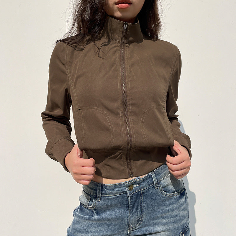 Early Autumn Workwear Waist Tight Jacket Vintage Brown Zipper Turtleneck Slimming Casual Fashionable Jacket