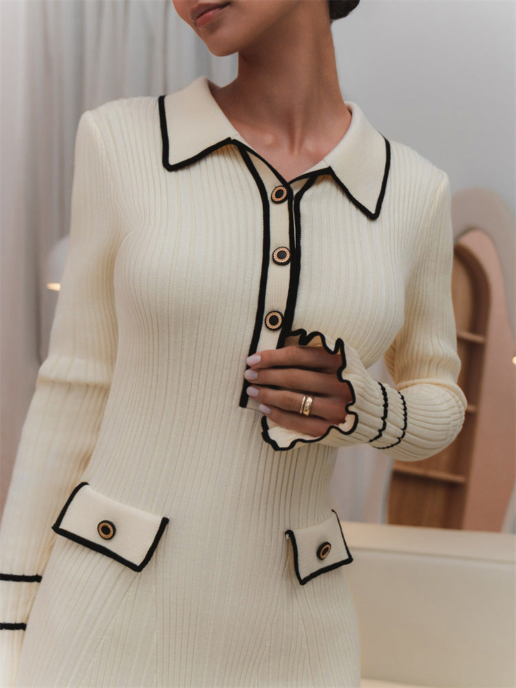 Slim Fit Graceful Long Sleeve Knitted Dress Women Spring Short French Sunken Stripe Tight Collared Dress