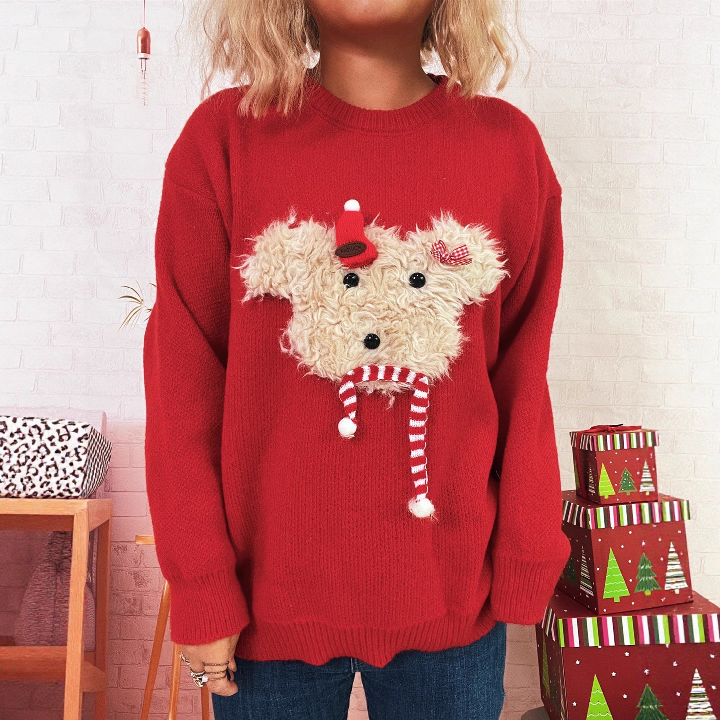 Autumn Winter Christmas Patchwork Cartoon Children Top Idle Casual Warm Sweater Women