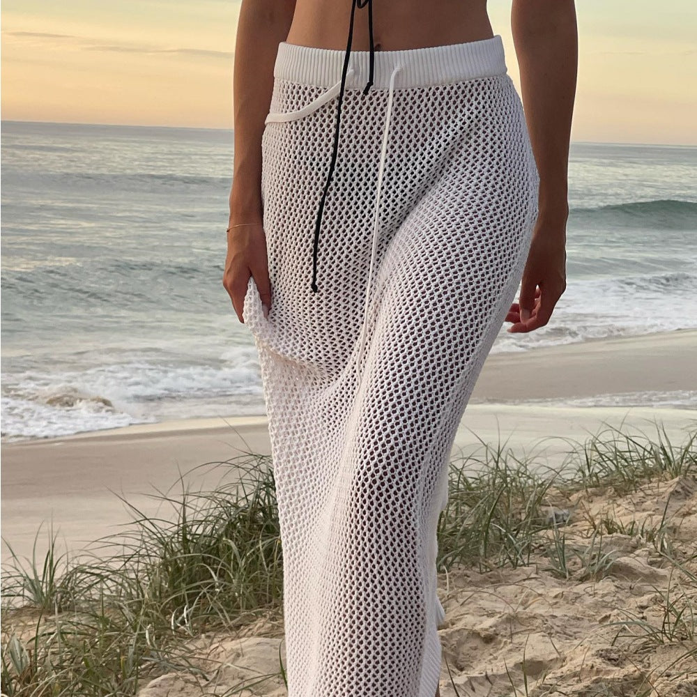 Summer Sexy Hollow Out Cutout out See through Knitted Beach Vacation Solid Skirt Outerwear Women