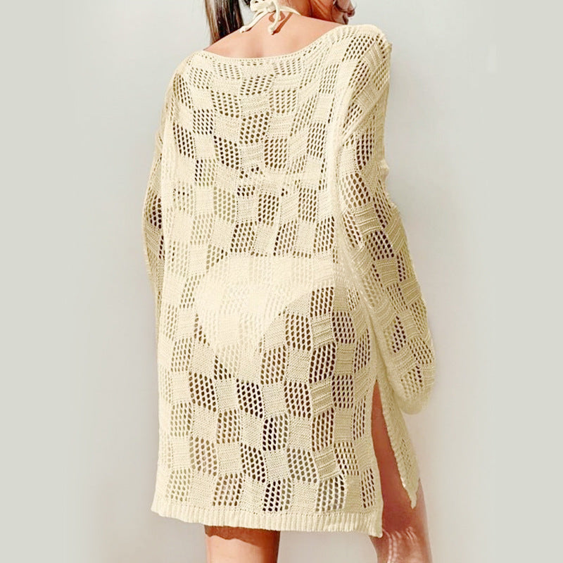 Summer Beach Dress Women Solid Color Sexy Knitted Hollow Out Cutout Beach Bikini Swimsuit Blouse Sun Protective Clothing Crochet hook