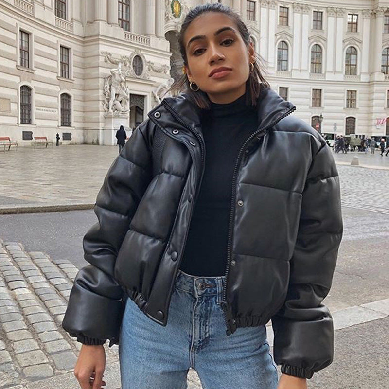 Autumn Winter Leather Coat Plus Size Women's Clothing Exposed Cropped Stand Collar Leather Cotton Jacket