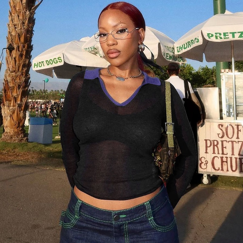 Women Clothing Summer Polo Collar Bottoming Shirt Casual Striped Thin Long Sleeve Top