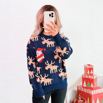 Christmas Contrast Color Deer Sweater Crew Neck Casual Loose Year Knitted Top
