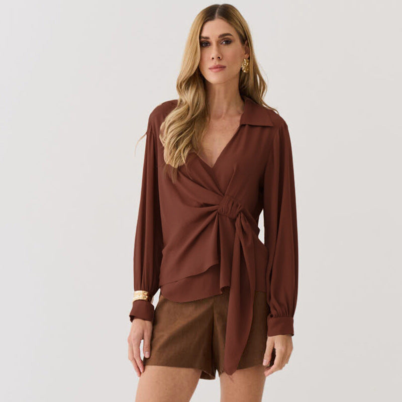 Women Clothing Autumn Long Sleeve Elegant V neck Solid Color Waist Tight Chiffon Shirt Women