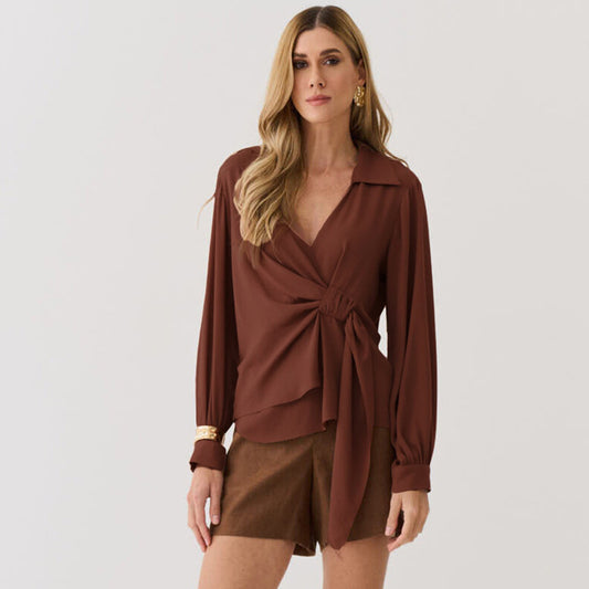 Women Clothing Autumn Long Sleeve Elegant V neck Solid Color Waist Tight Chiffon Shirt Women