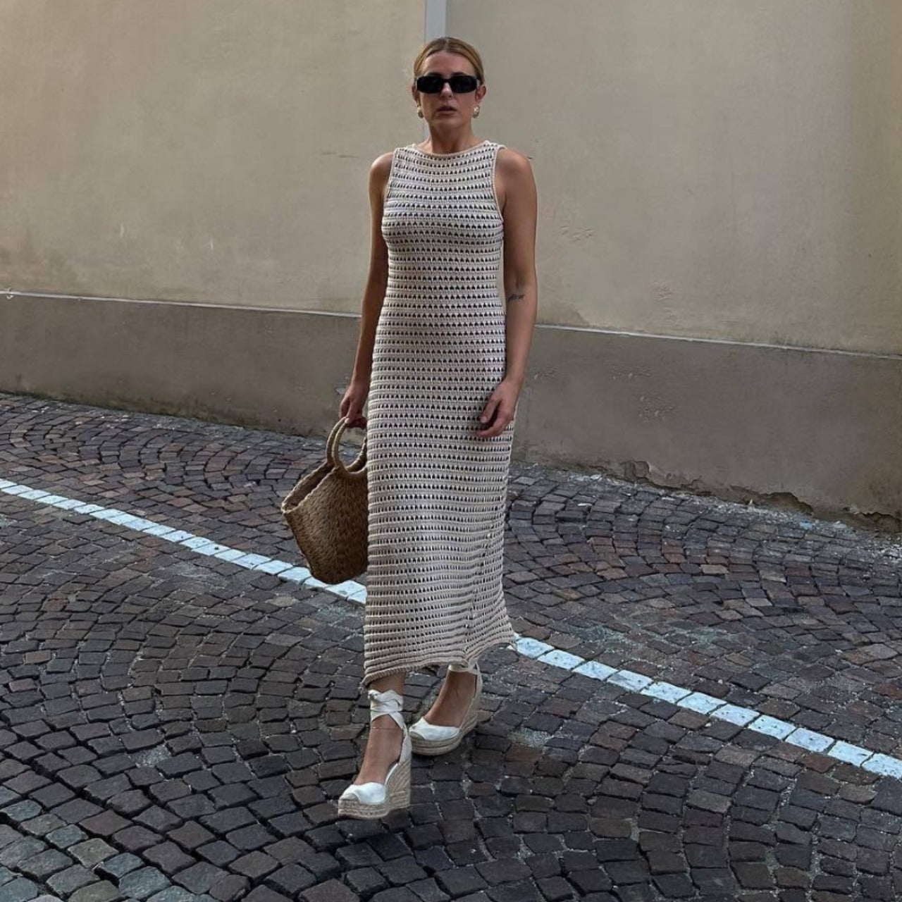 Striped Contrast Color Beach Vacation Sexy Dress Knitted Hollow Out Cutout Out Long Sleeveless Knitted Dress