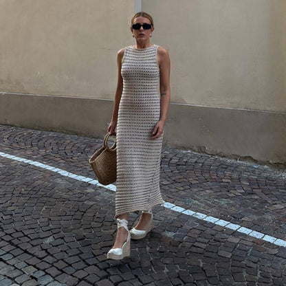 Striped Contrast Color Beach Vacation Sexy Dress Knitted Hollow Out Cutout Out Long Sleeveless Knitted Dress