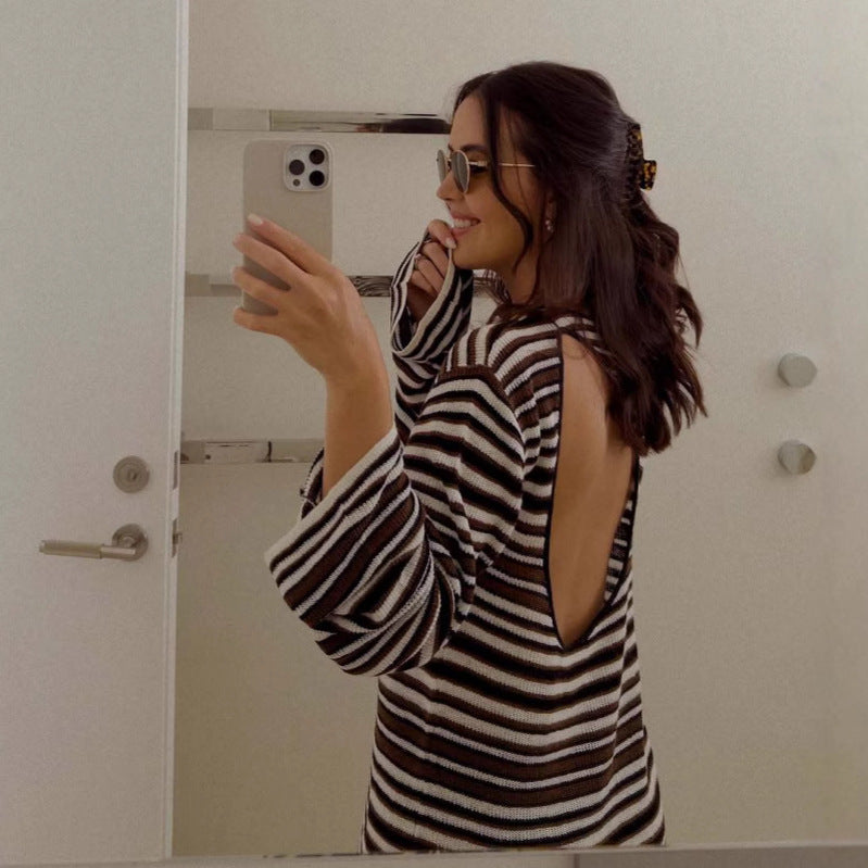 Backless Hollow Out Cutout Striped Long Sleeve Knitted Wool Wool Straight Beach Bohemian Casual Dress