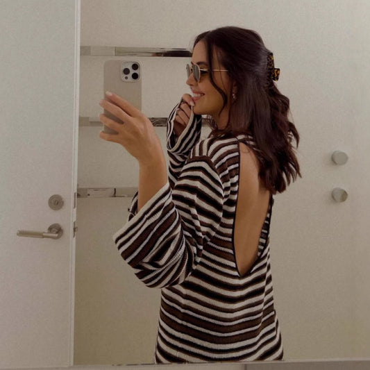 Backless Hollow Out Cutout Striped Long Sleeve Knitted Wool Wool Straight Beach Bohemian Casual Dress