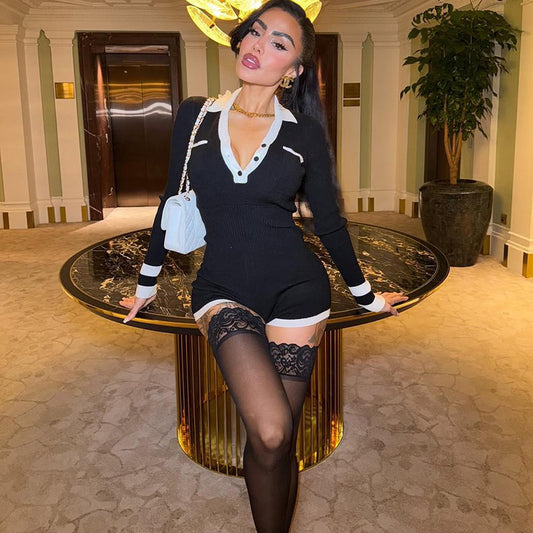 Women Clothing Autumn Cool Contrast Color Collared Button Slim High Waist Long Sleeves Jumpsuit