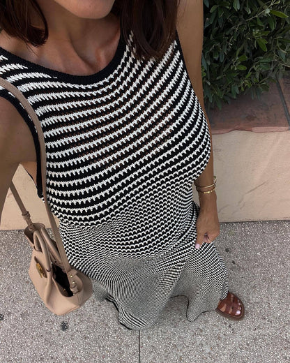 Striped Knitted Maxi Dress Sleeveless Hollow Out Cutout Beach Bohemian Casual Maxi Dress Women