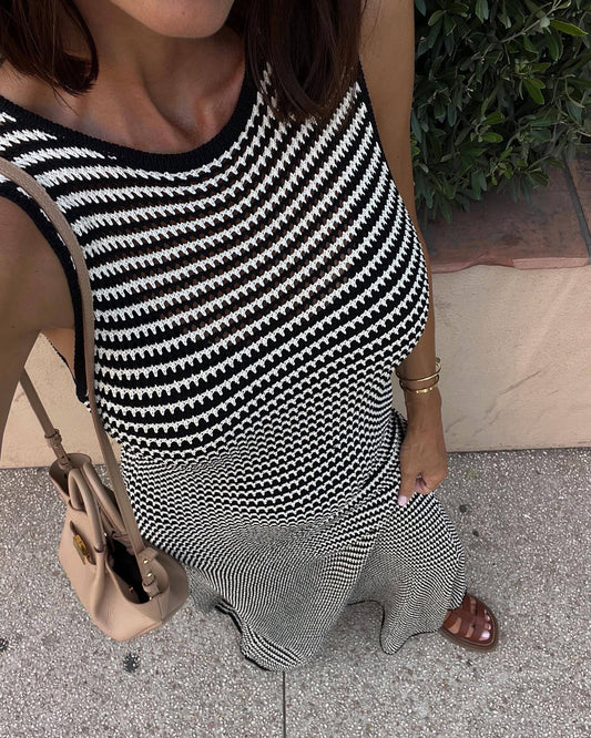 Striped Knitted Maxi Dress Sleeveless Hollow Out Cutout Beach Bohemian Casual Maxi Dress Women