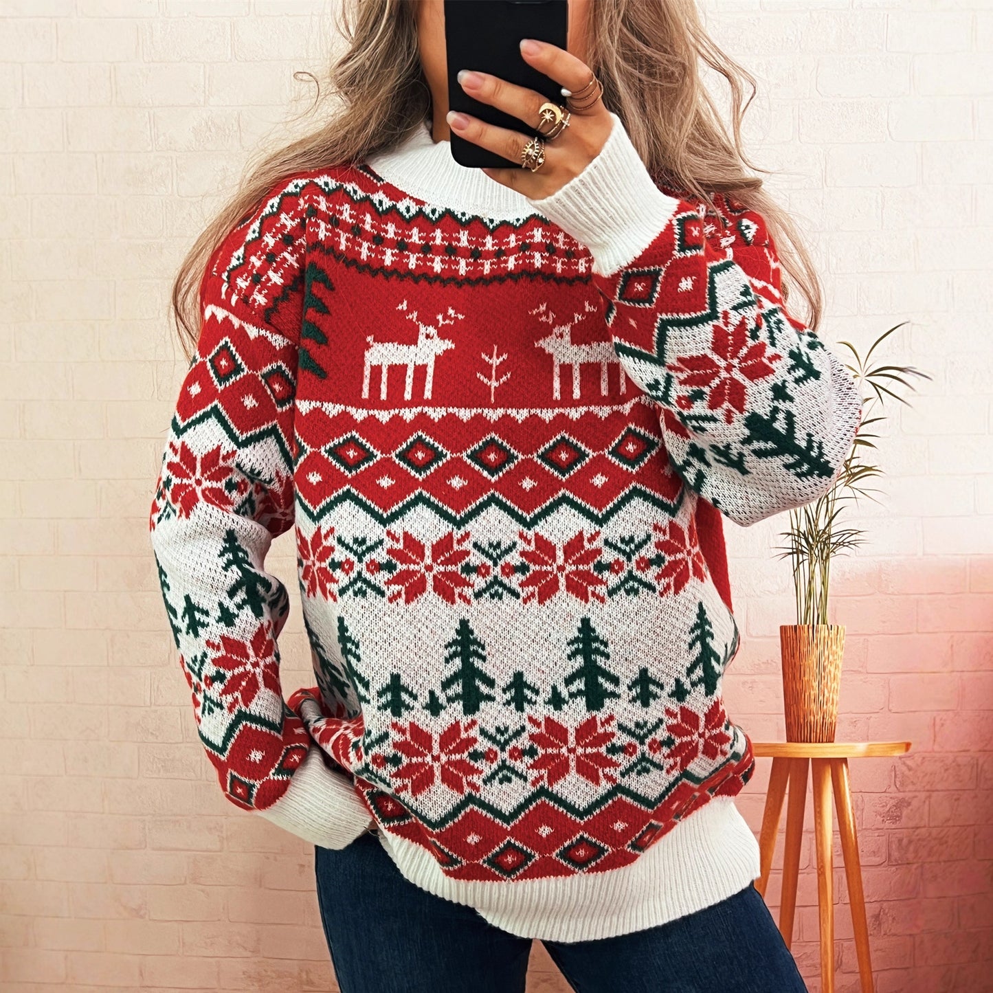 Christmas Contrast Color Jacquard Casual Sweater Women round Neck Chic Retro Pullover