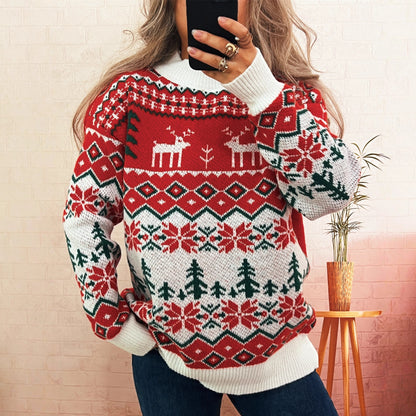Christmas Contrast Color Jacquard Casual Sweater Women round Neck Chic Retro Pullover