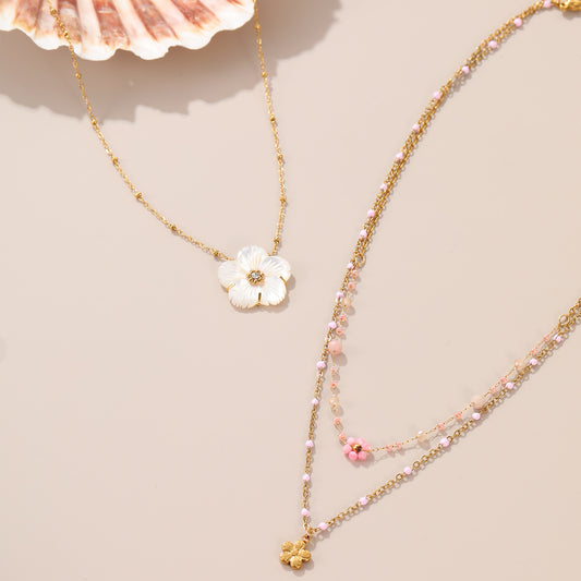 Beaded Floral Twin Stainless Steel Necklace 18K Gold Plating Non Fading Exquisite Necklace