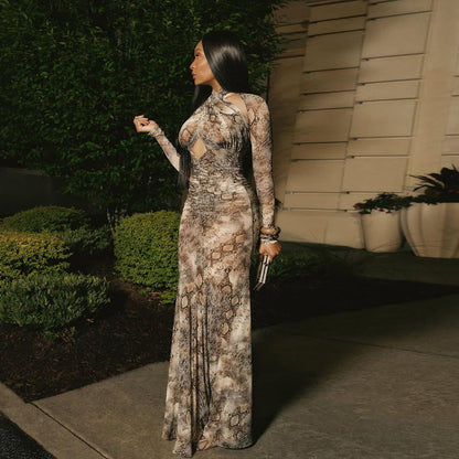 Autumn Personalized Snake Print Hollow Out Cutout Slim Sexy Jumpsuit Dress