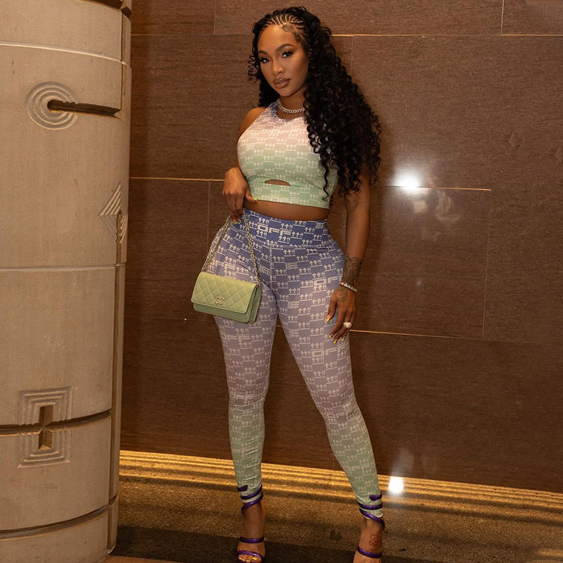 Sports Women Commuting Wear Hollow Out Cutout Slim Fit Printed Pants Set Vest Top Skinny Pants Two Piece Set