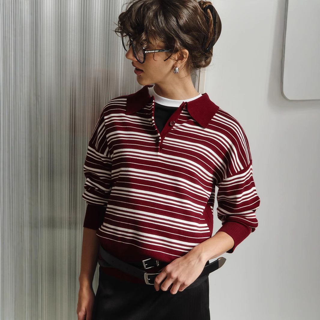 Striped Sweater Autumn Retro Contrast Color Striped Polo Collar Knitted T shirt