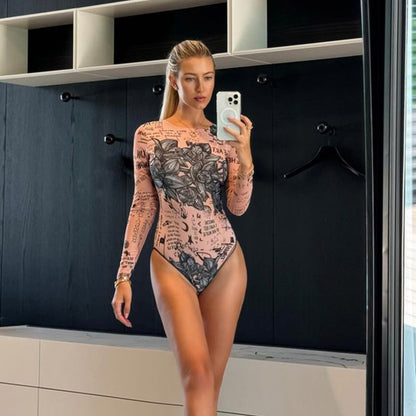 Autumn Women Clothing round Neck Long Sleeve Sexy Mesh Floral Print Jumpsuit Slim Fit Sexy Thin Top