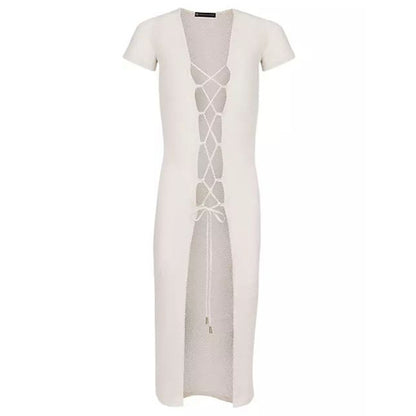 Summer Beach Dress Women Solid Color Sexy Hollow Out Cutout Beach Bikini Swimsuit Cover up Sun Protection Clothing