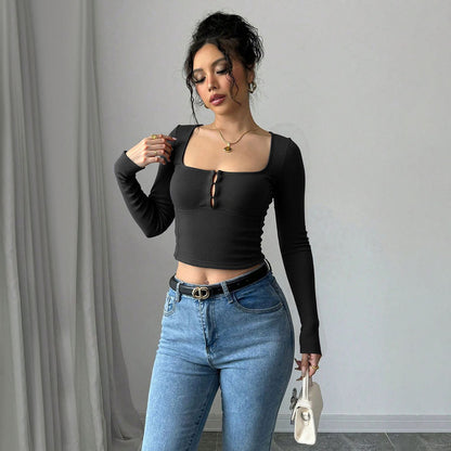 Autumn Sexy Square Collar off Shoulder Long Sleeve Women tretch Tight Cropped T shirt
